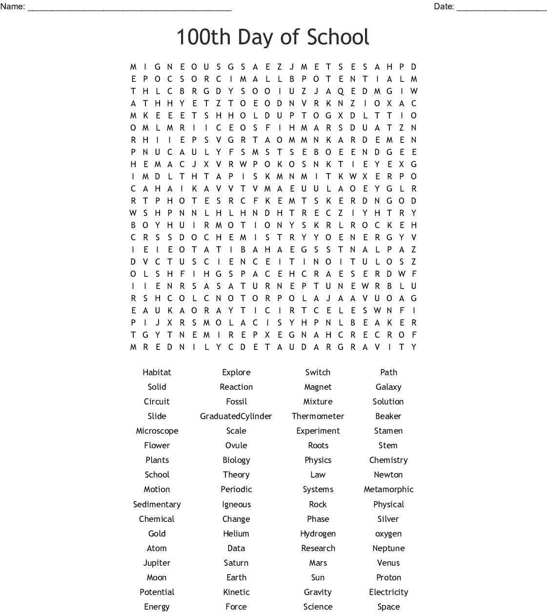 100Th Day Of School Word Search - Wordmint