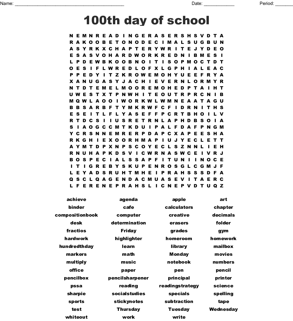 100Th Day Of School Word Search - Wordmint