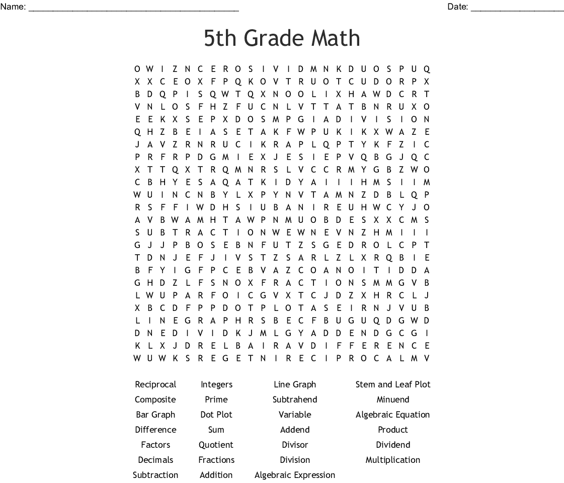 5th Grade Math Word Search