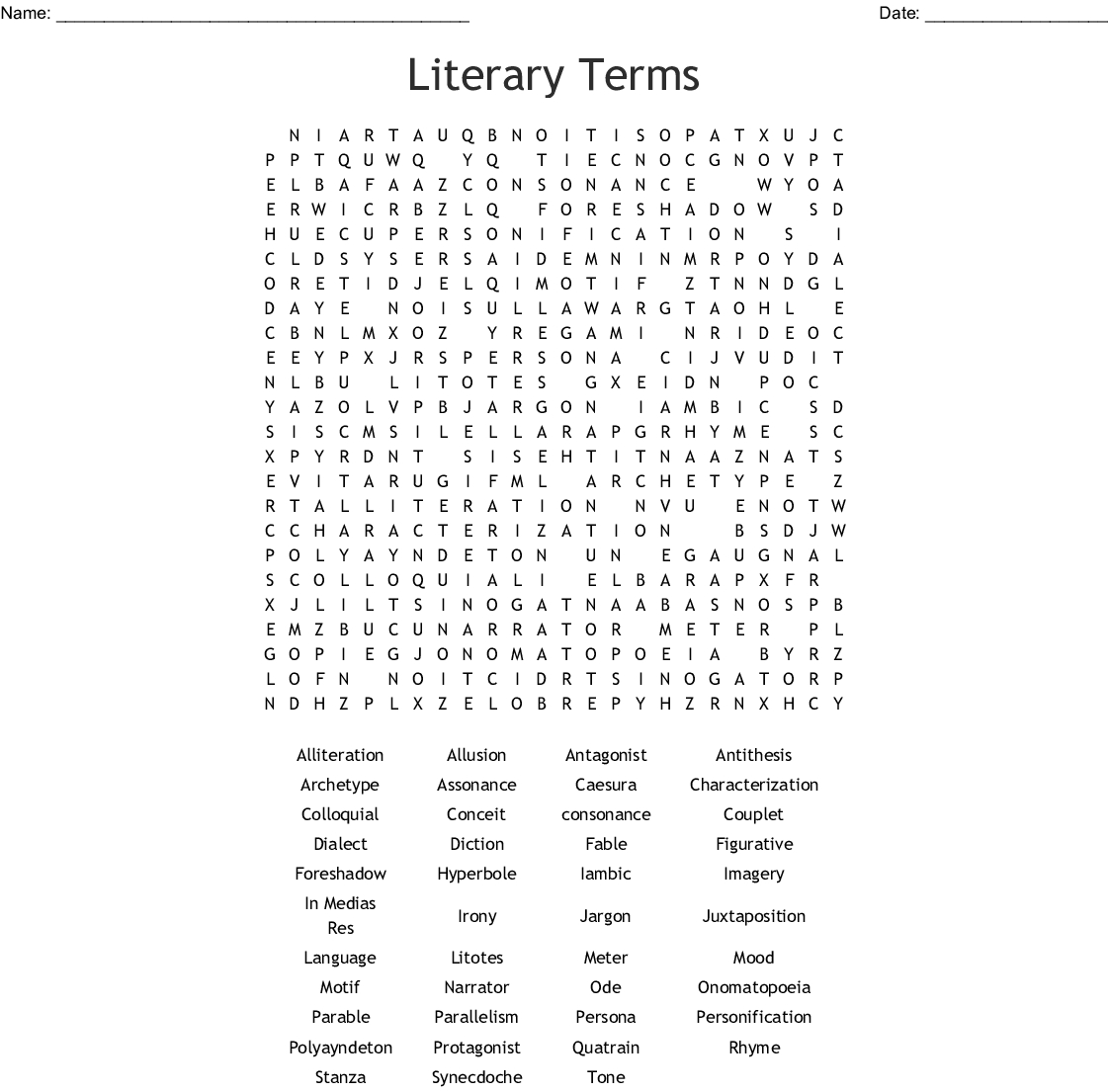 Word Search Literary Terms