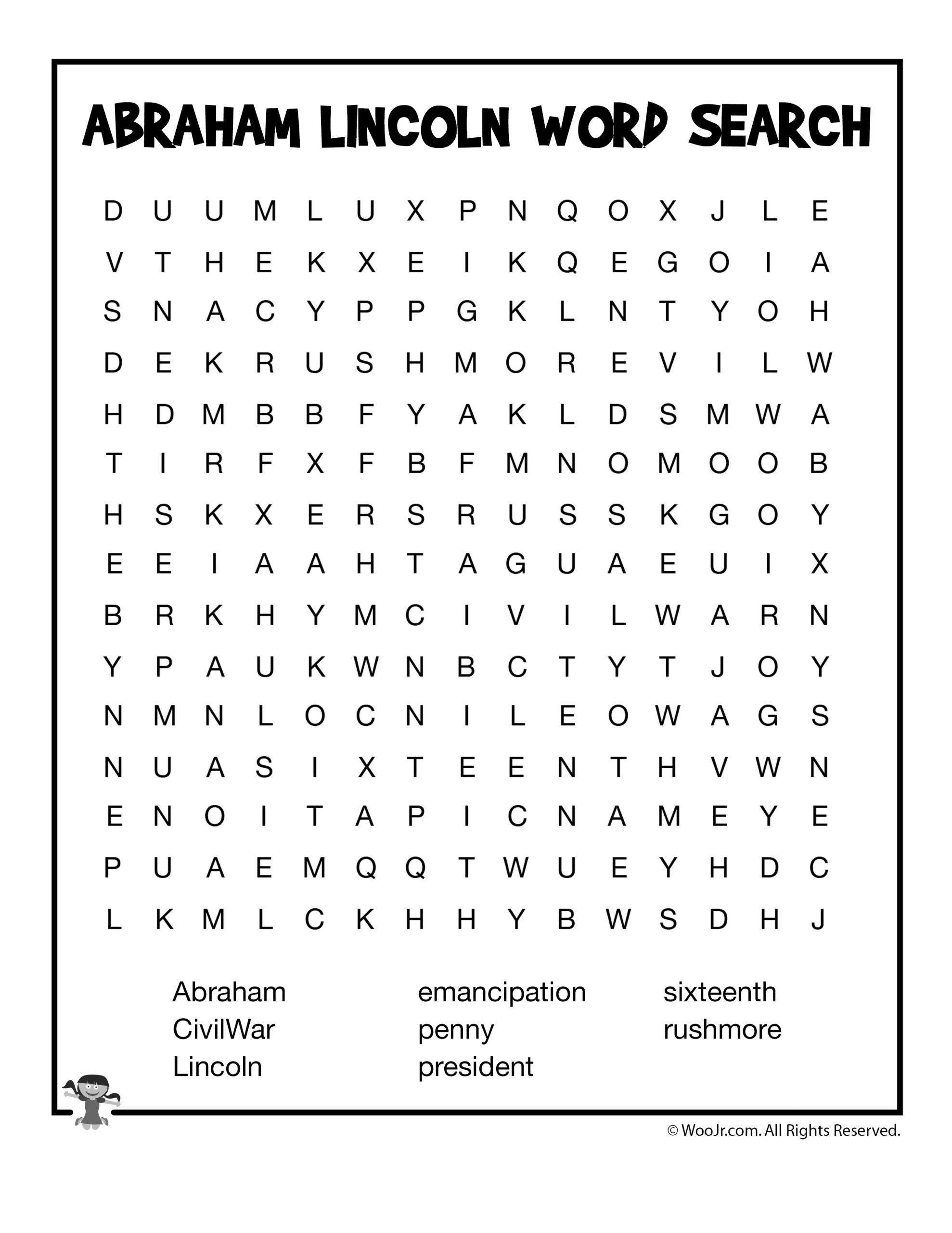 Abraham Lincoln Word Search | Woo! Jr. Kids Activities