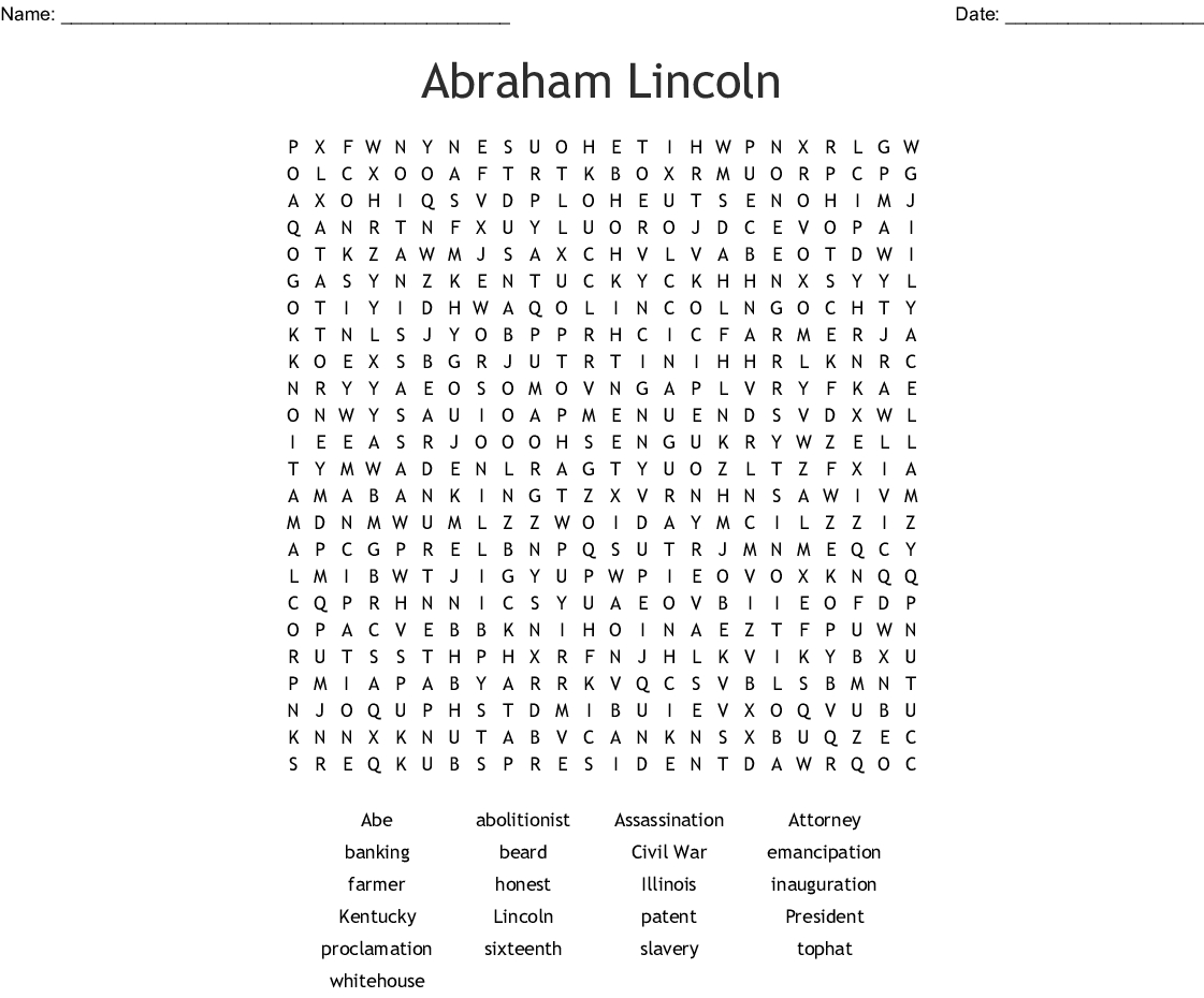 Abraham Lincoln Word Search - Wordmint