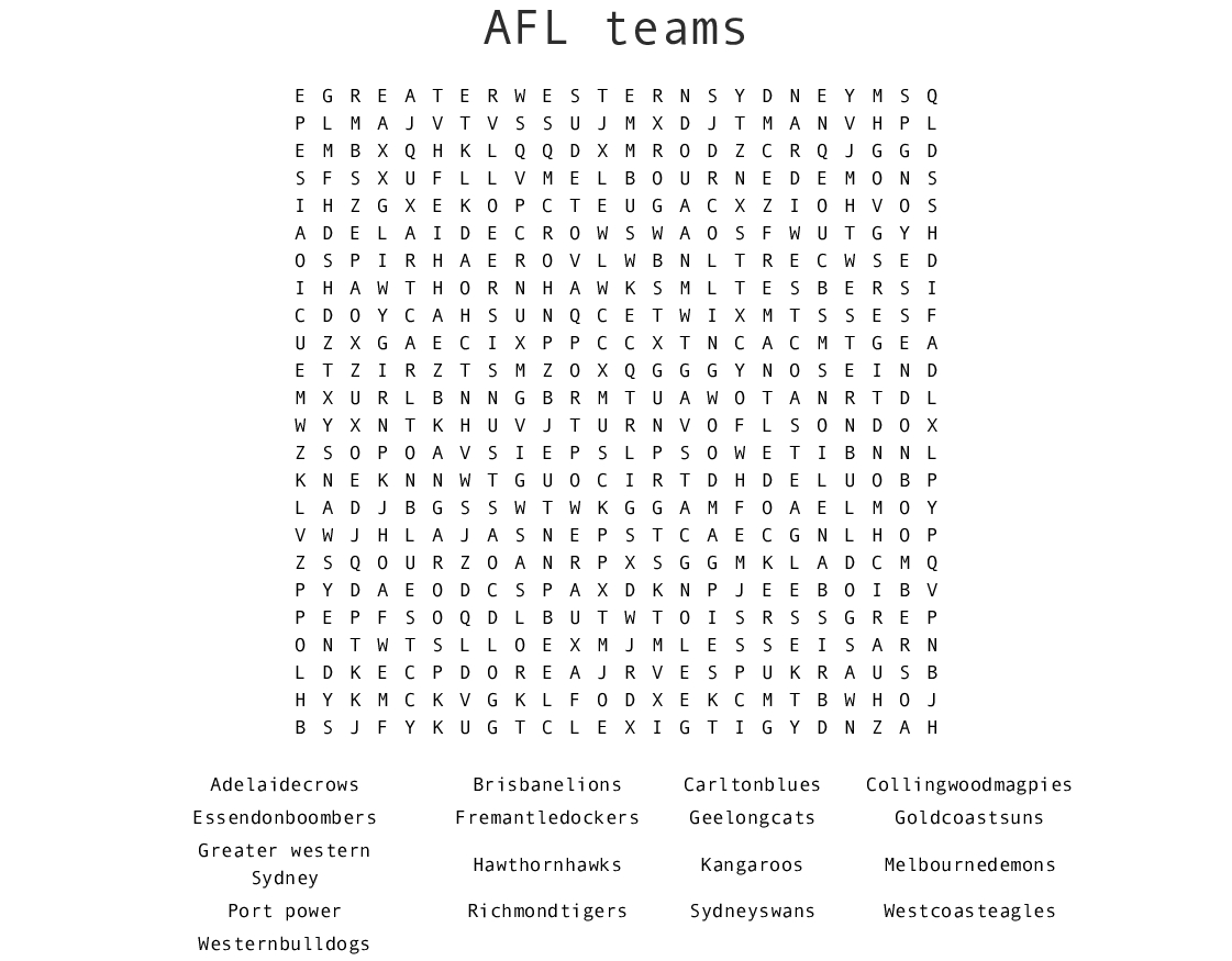 Afl Teams Word Search - Wordmint