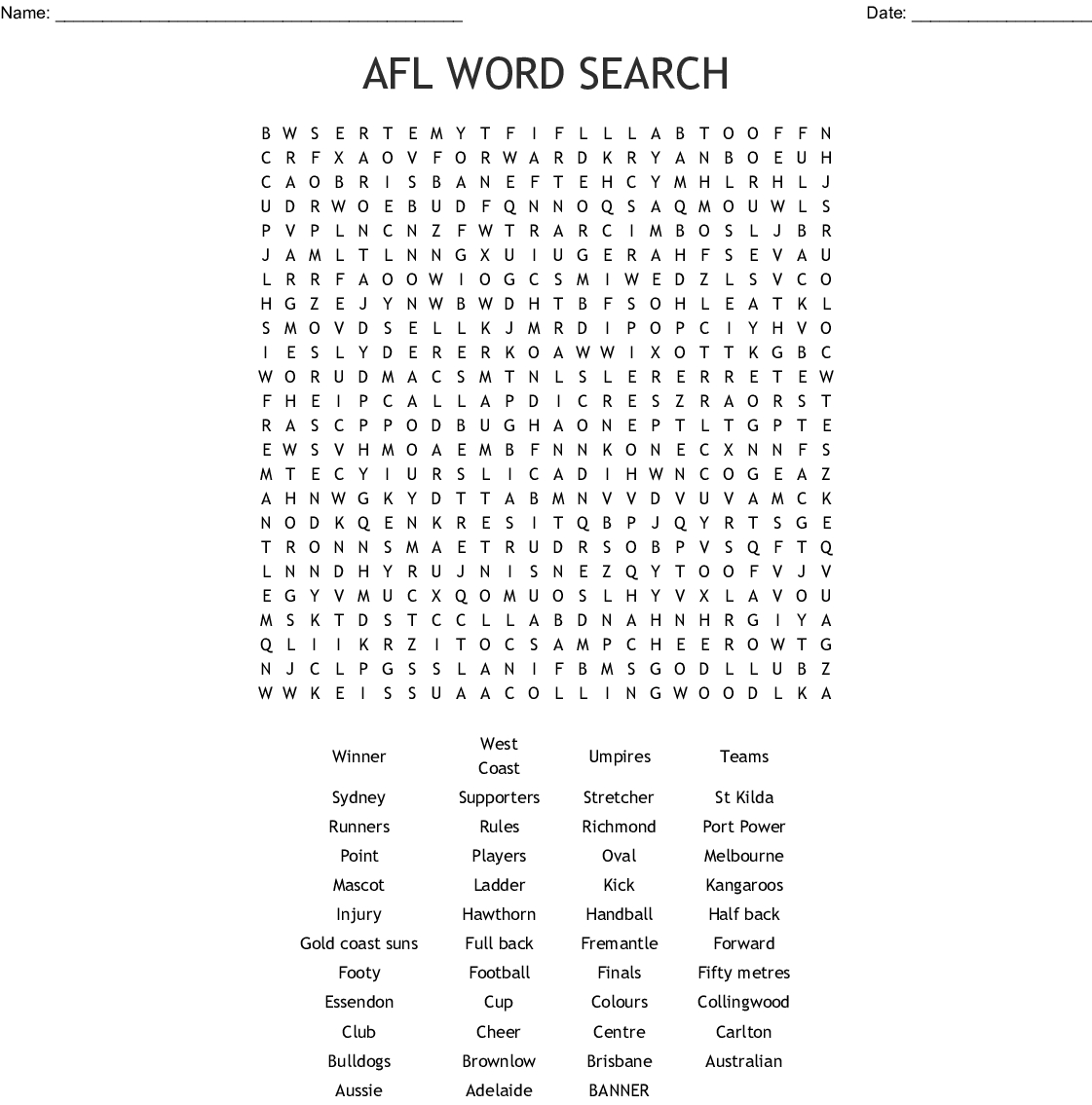 Afl Word Search - Wordmint