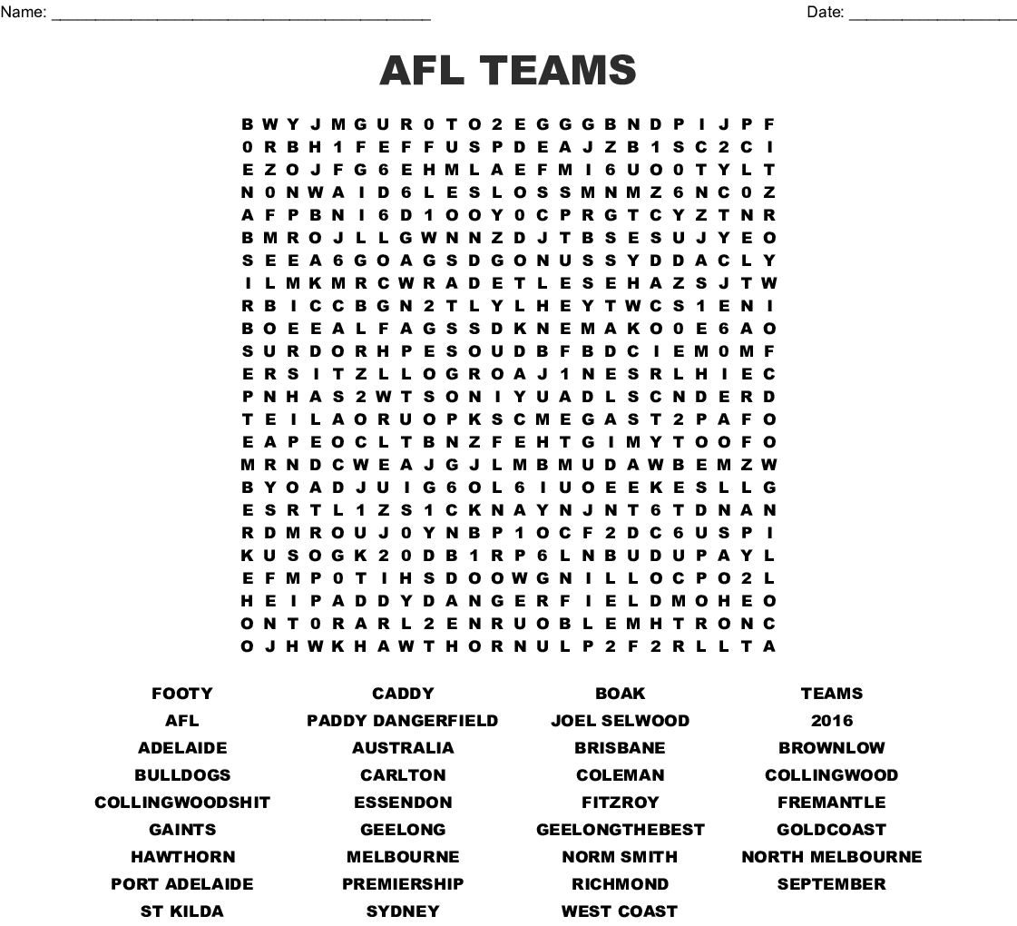 Afl Word Search - Wordmint