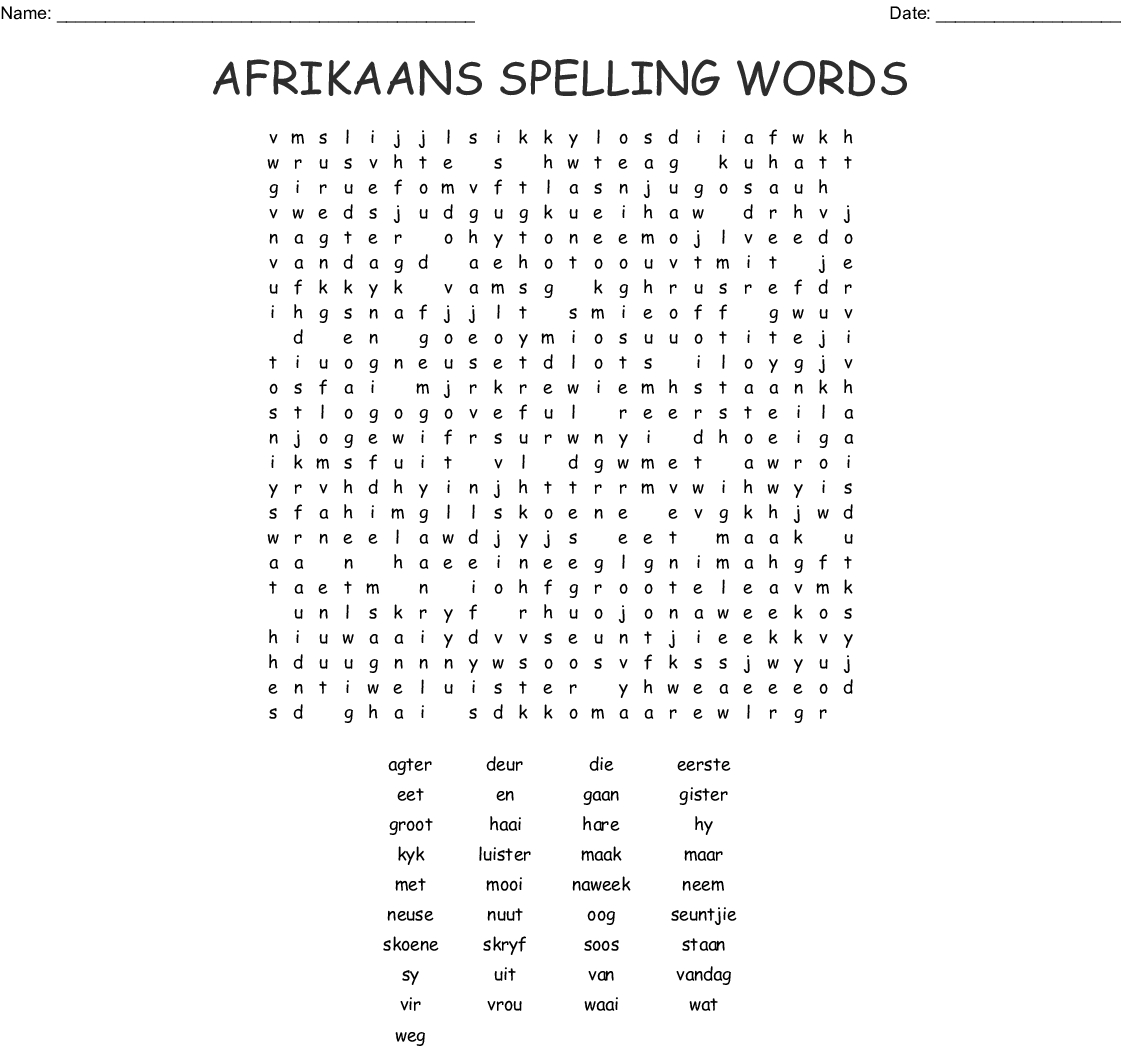 Afrikaans Language Crosswords, Word Searches, Bingo Cards