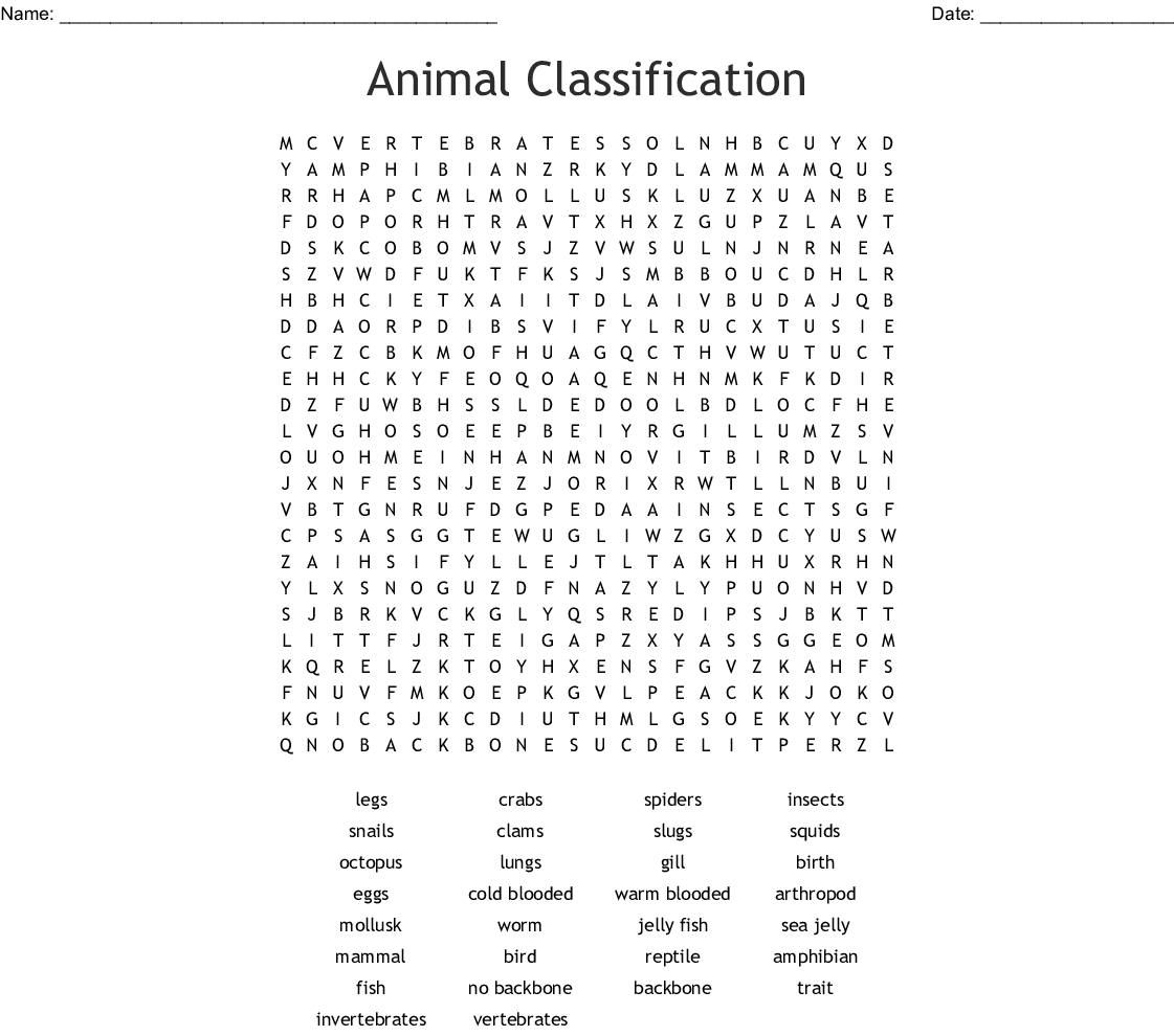 Animal Classification Crossword - Wordmint