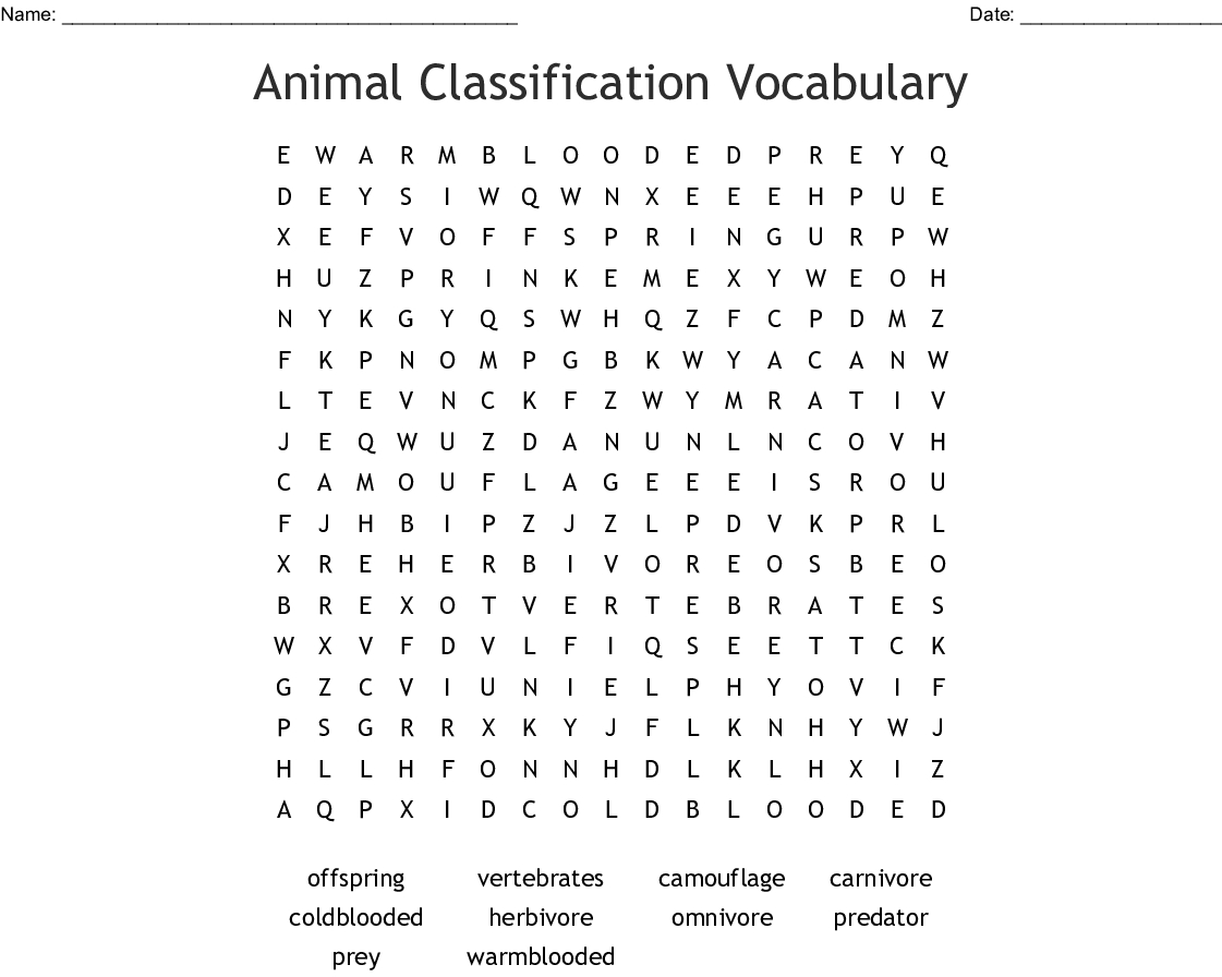 Animal Classification Vocabulary Word Search - Wordmint
