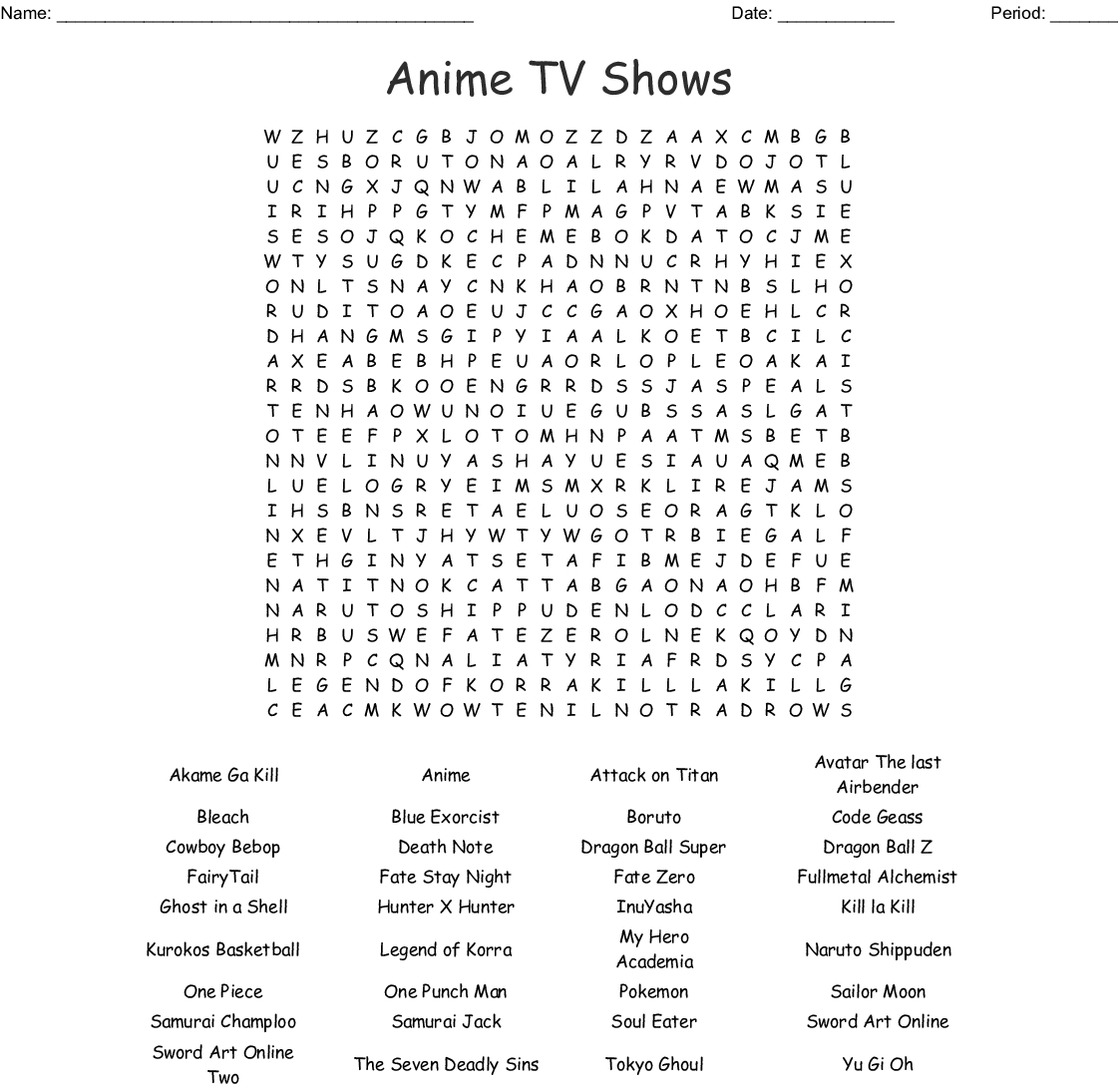 Anime &amp;amp; Manga Crosswords, Word Searches, Bingo Cards - Wordmint