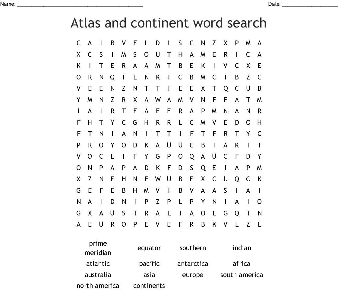 Atlas And Continent Word Search - Wordmint