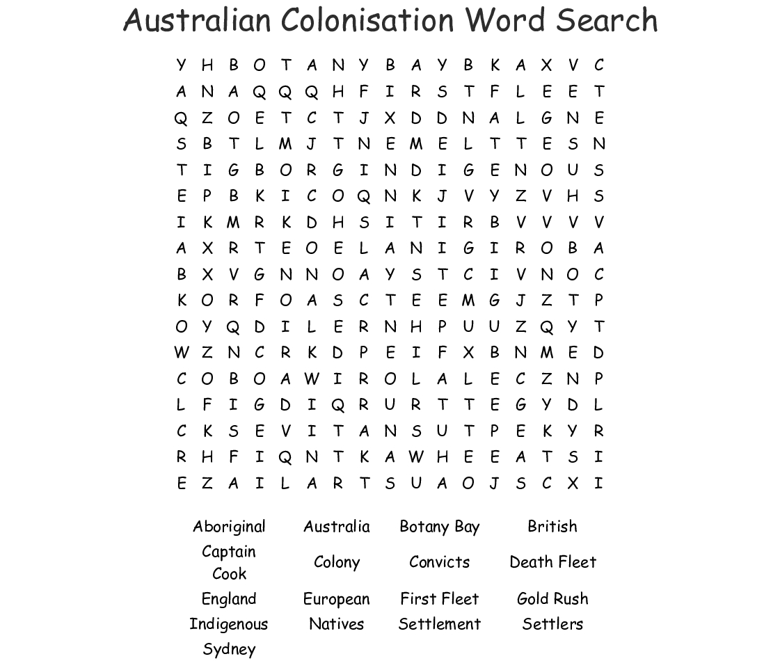 Australian Colonisation Word Search - Wordmint