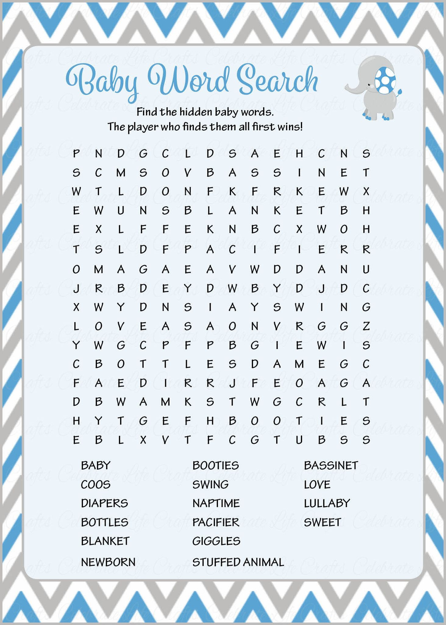 Baby Word Search - Printable Download - Blue &amp;amp; Gray Baby