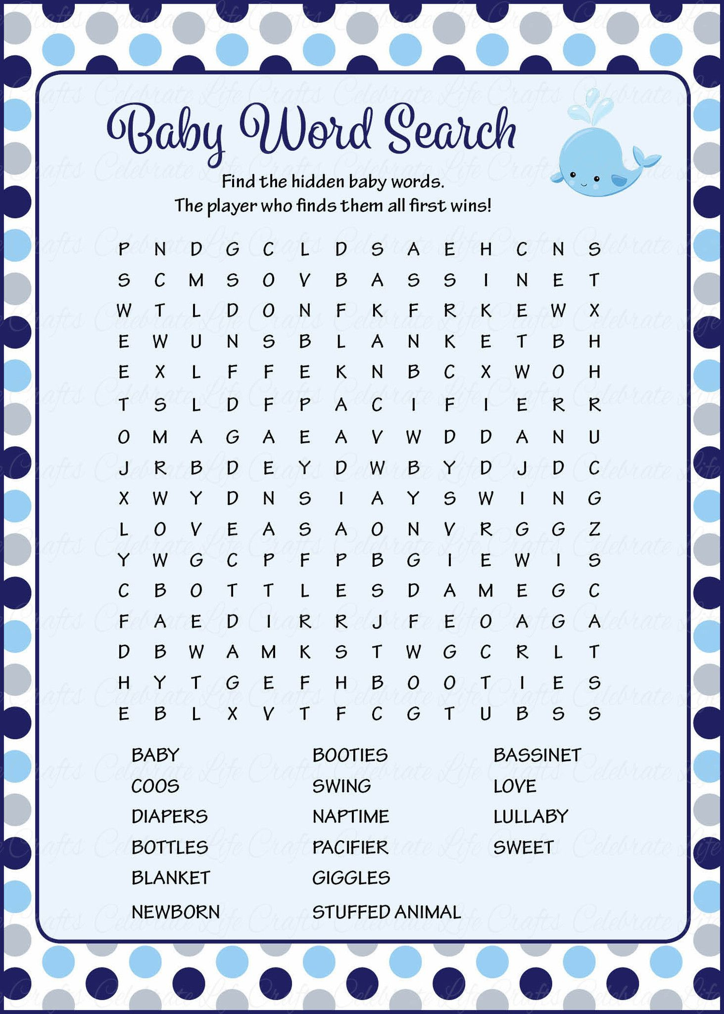 Baby Word Search - Printable Download - Navy Gray Whale Baby