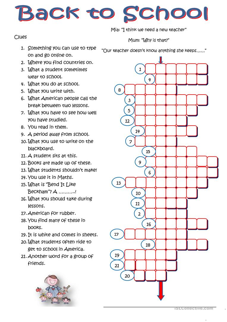 Back To School Crossword - English Esl Worksheets For