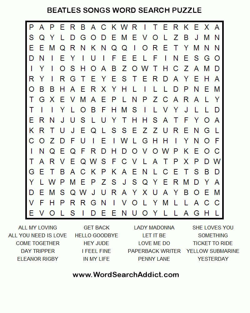 Beatles&amp;#039; Songs Printable Word Search Puzzle | Beatles Songs