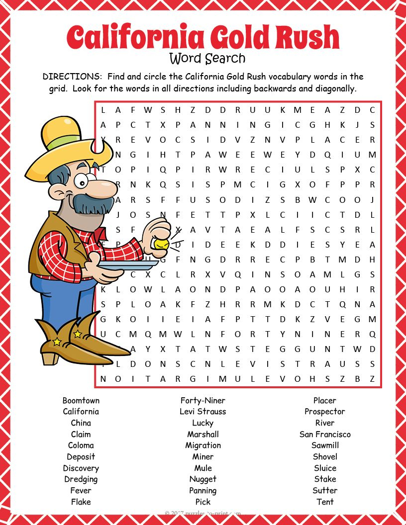 California Gold Rush Word Search Puzzle | Gold Rush, Early