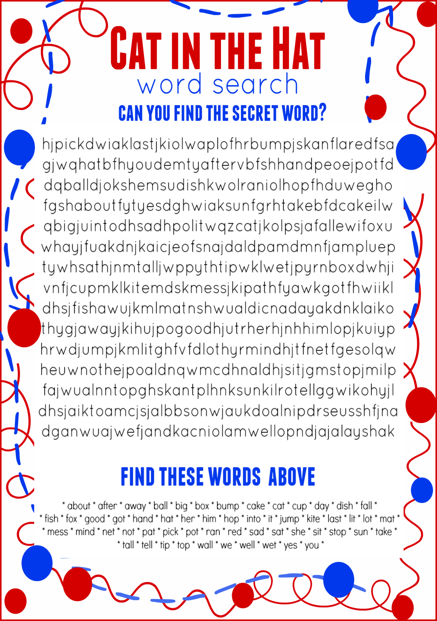 Cat In The Hat Word Search Free Printable Dr. Seuss Birthday