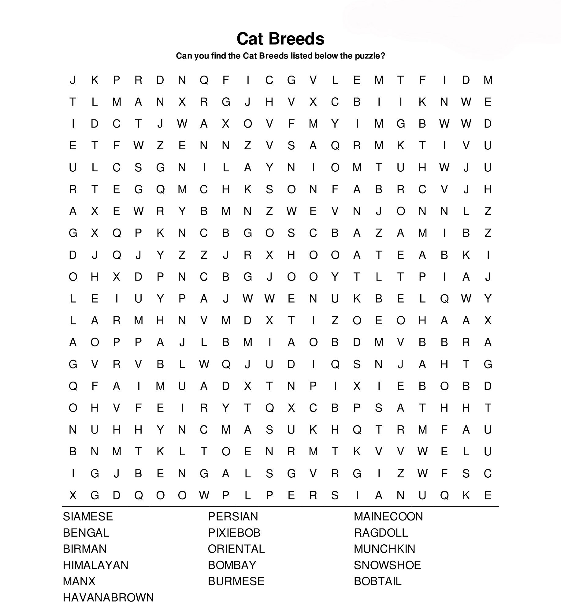 Cat Word Search Breeds | K5 Worksheets | Puzzles For Kids