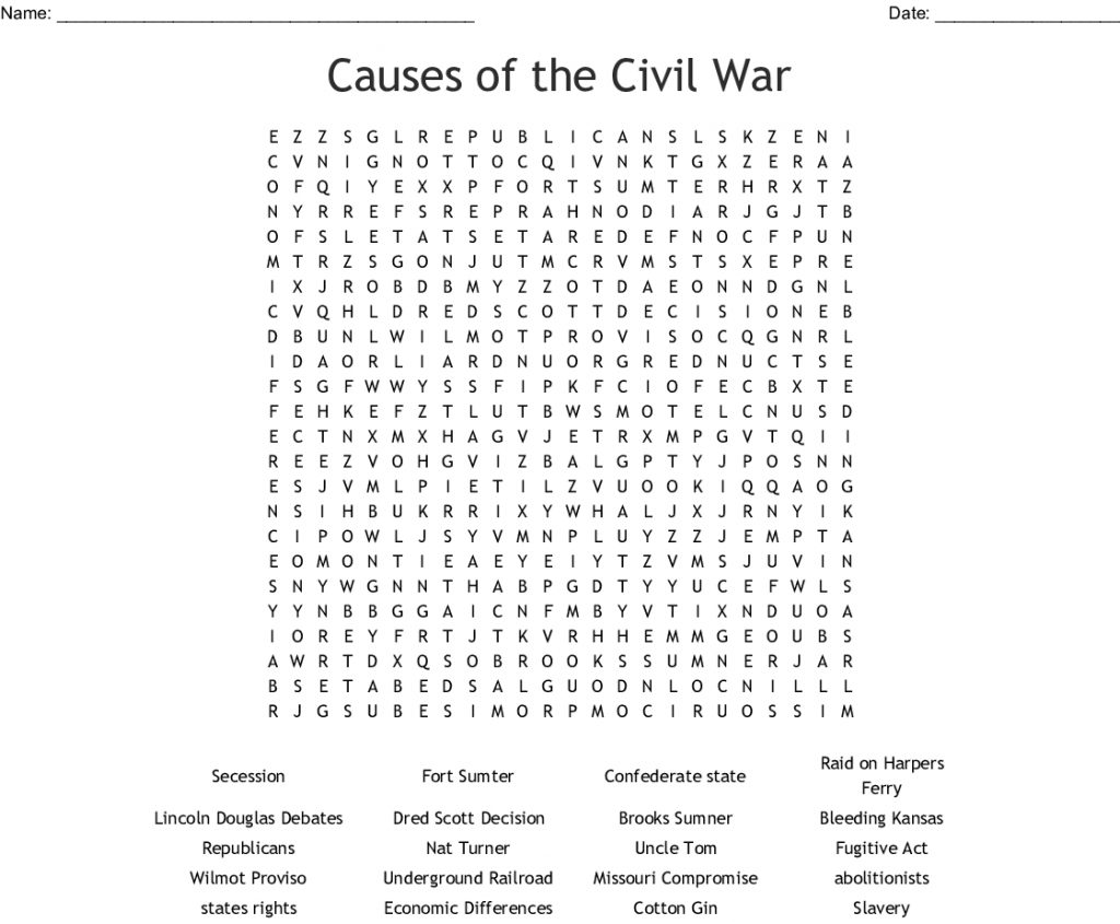 Causes Of The Civil War Word Search Wordmint Word Search Printable