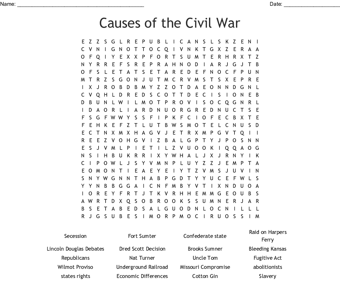 Causes Of The Civil War Word Search - Wordmint