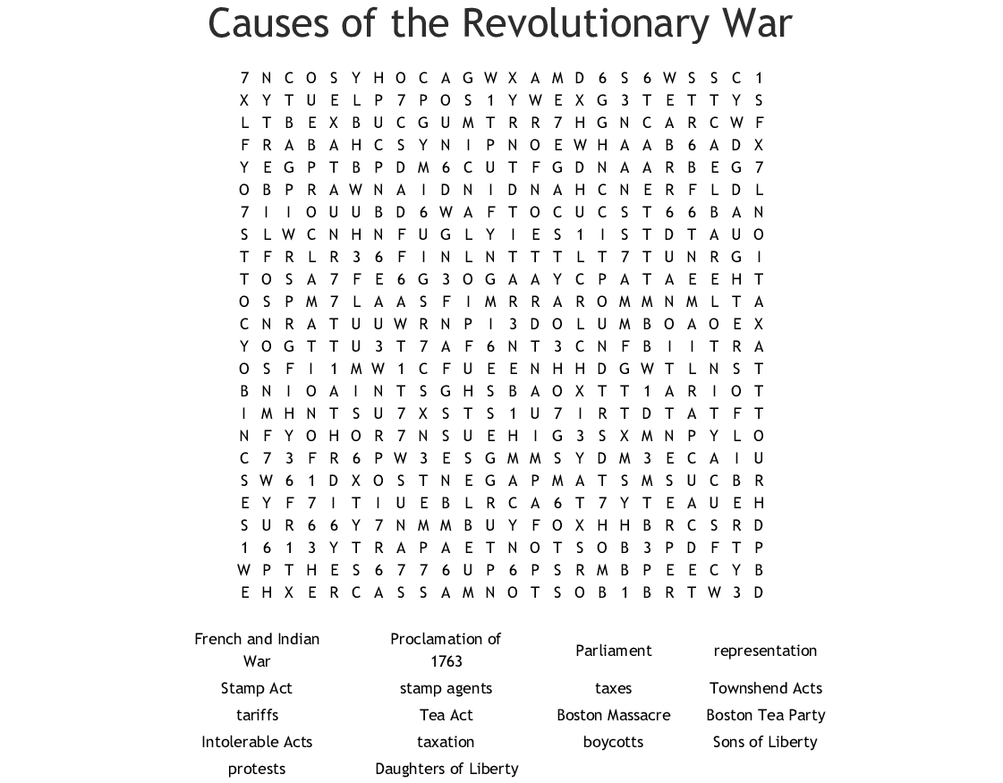 Causes Of The Revolutionary War Word Search - Wordmint