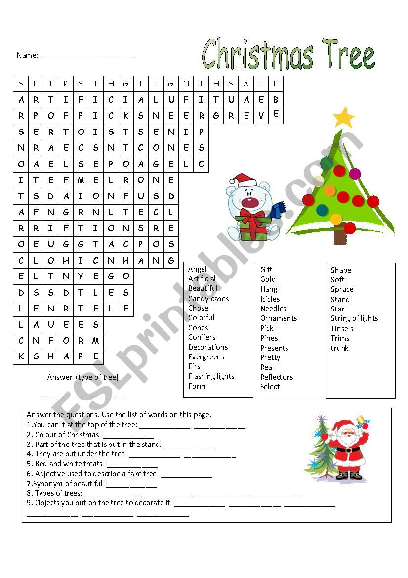 Christmas Tree Wordsearch - Esl Worksheetmanonski (F)