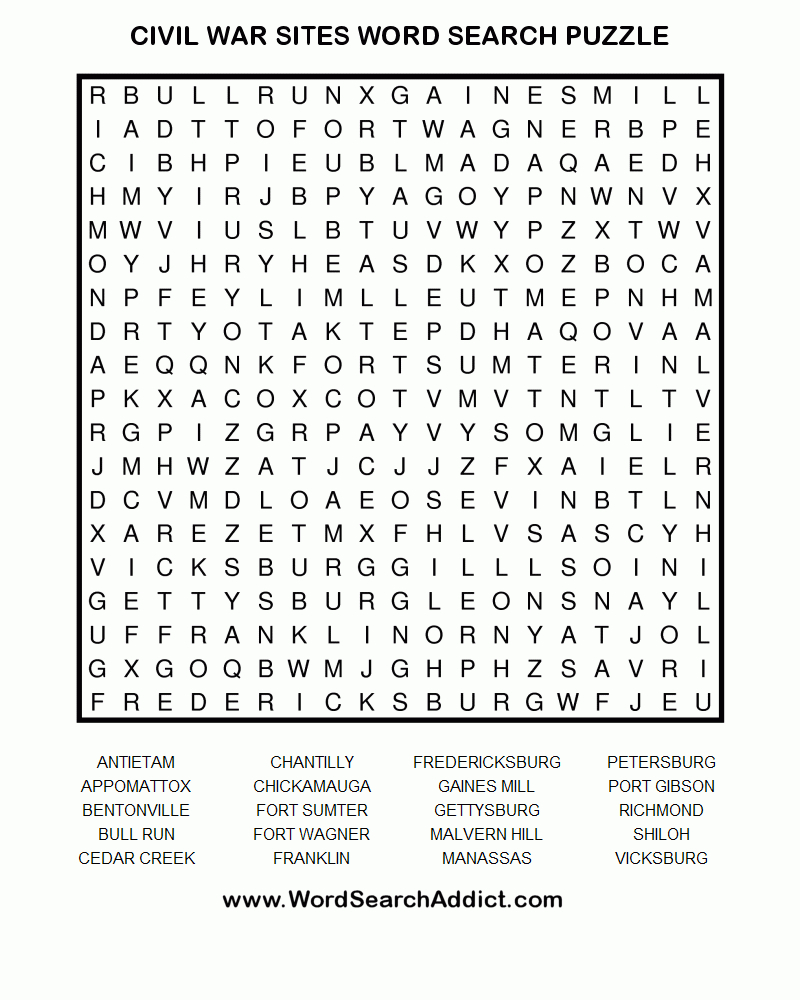 Civil War Sites Printable Word Search Puzzle | Word Search