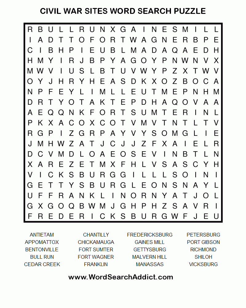 Civil War Word Search Printable Word Search Printable