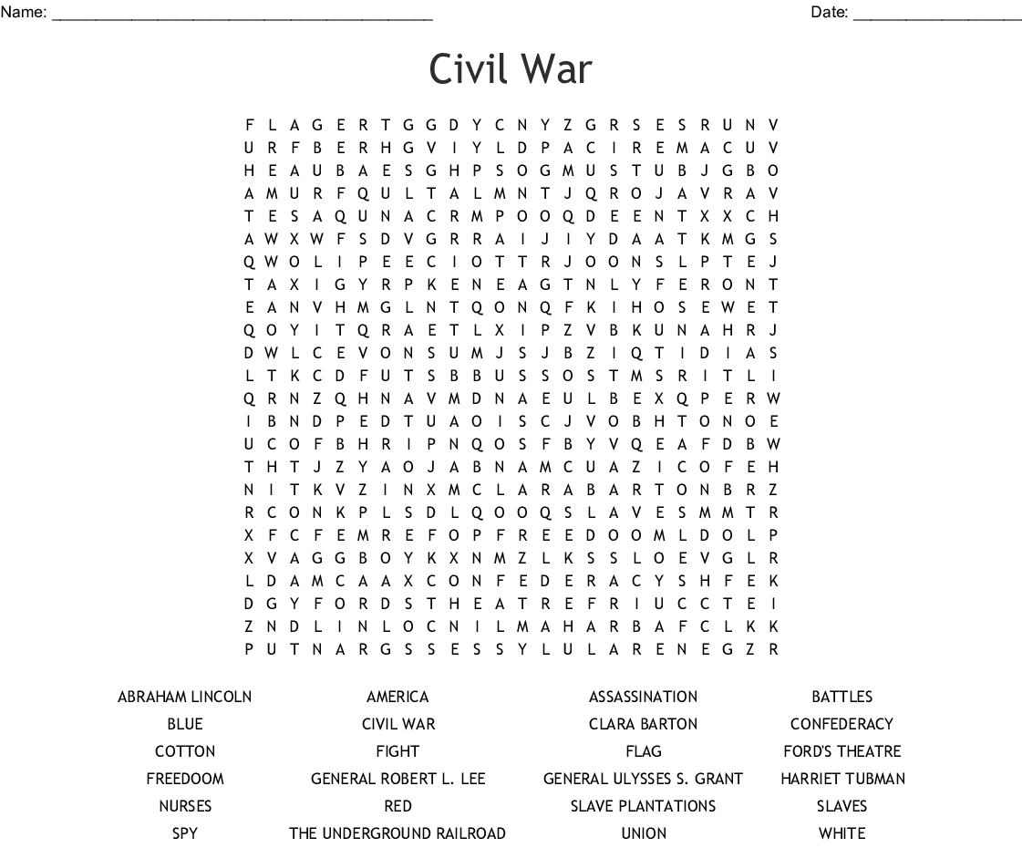 civil war word search printable word search printable