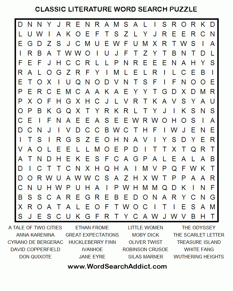 Classic Literature Printable Word Search Puzzle | Word