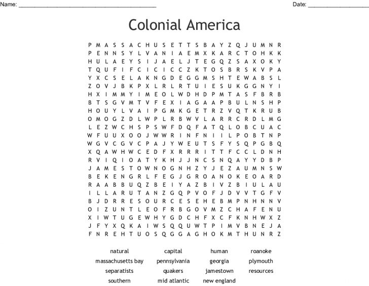 Colonial America Word Search Printable