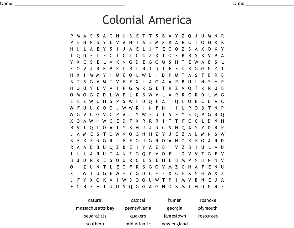 Colonial America Word Search Answers