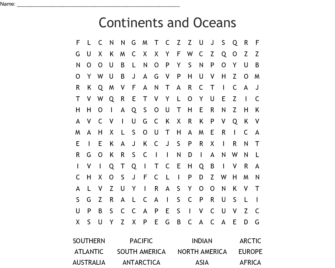 Continents And Oceans Word Search - Wordmint