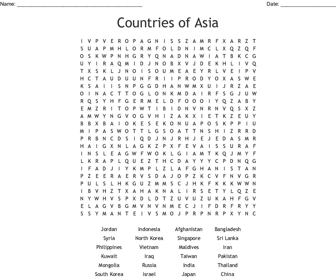 Countries Of Asia Word Search - Wordmint