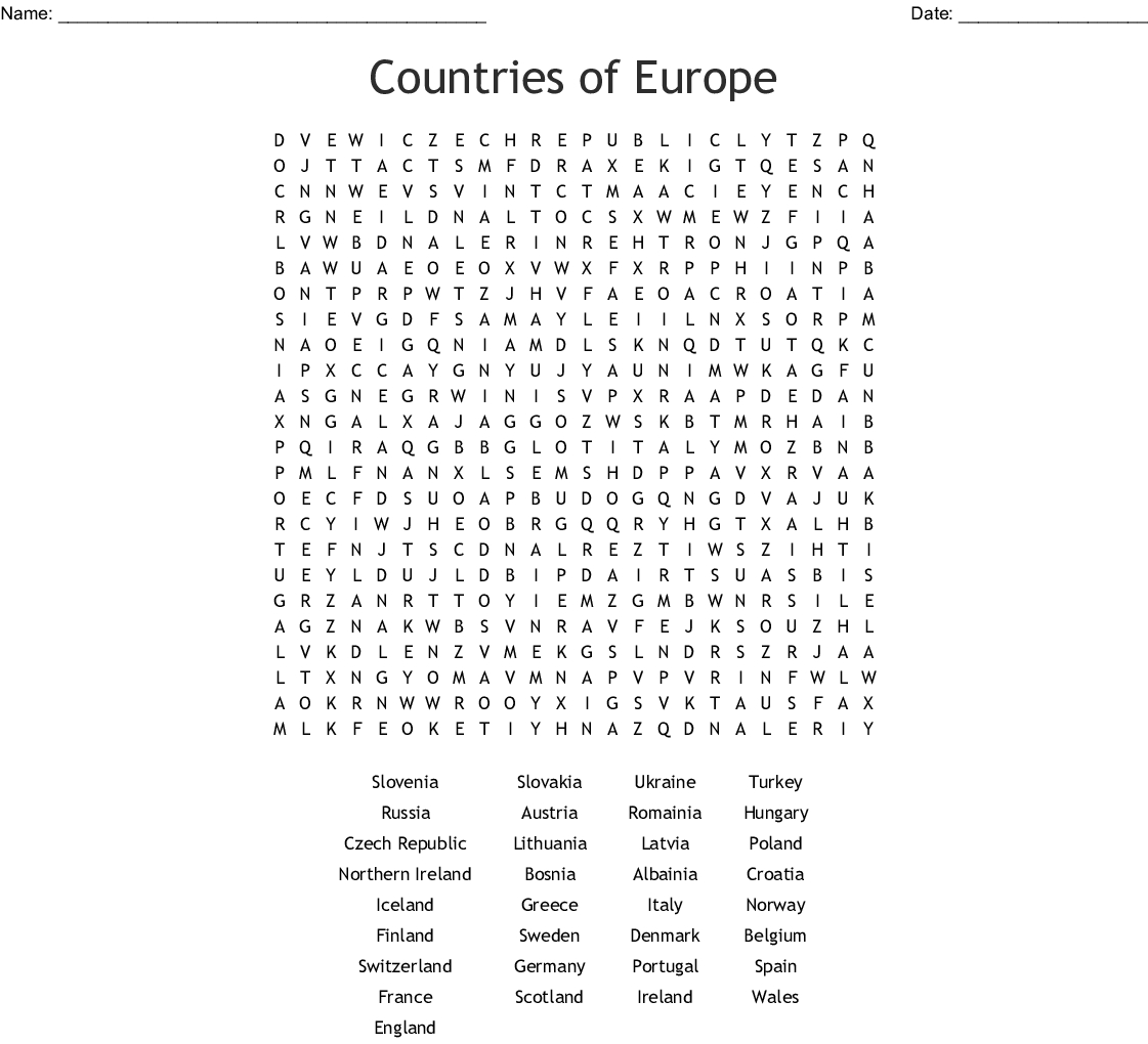 Countries Of Europe Word Search - Wordmint