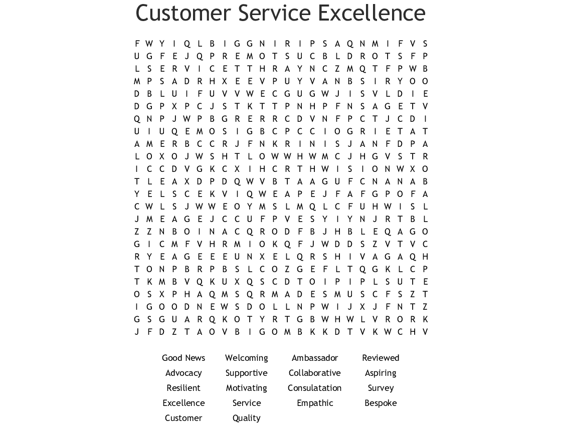Customer Service Excellence Word Search - Wordmint