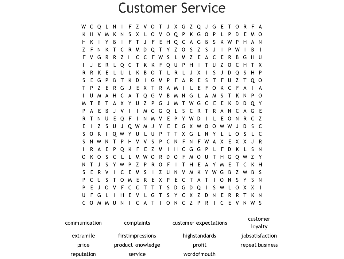 Customer Service Word Search - Wordmint