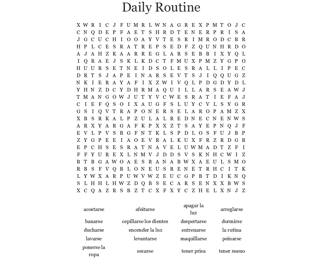 Daily Routine Word Search - Wordmint