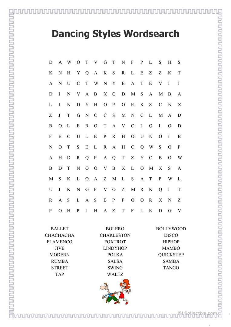 Dancing Styles Wordsearch - English Esl Worksheets For