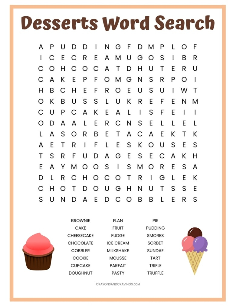 Desserts Word Search - Free Printable Worksheet