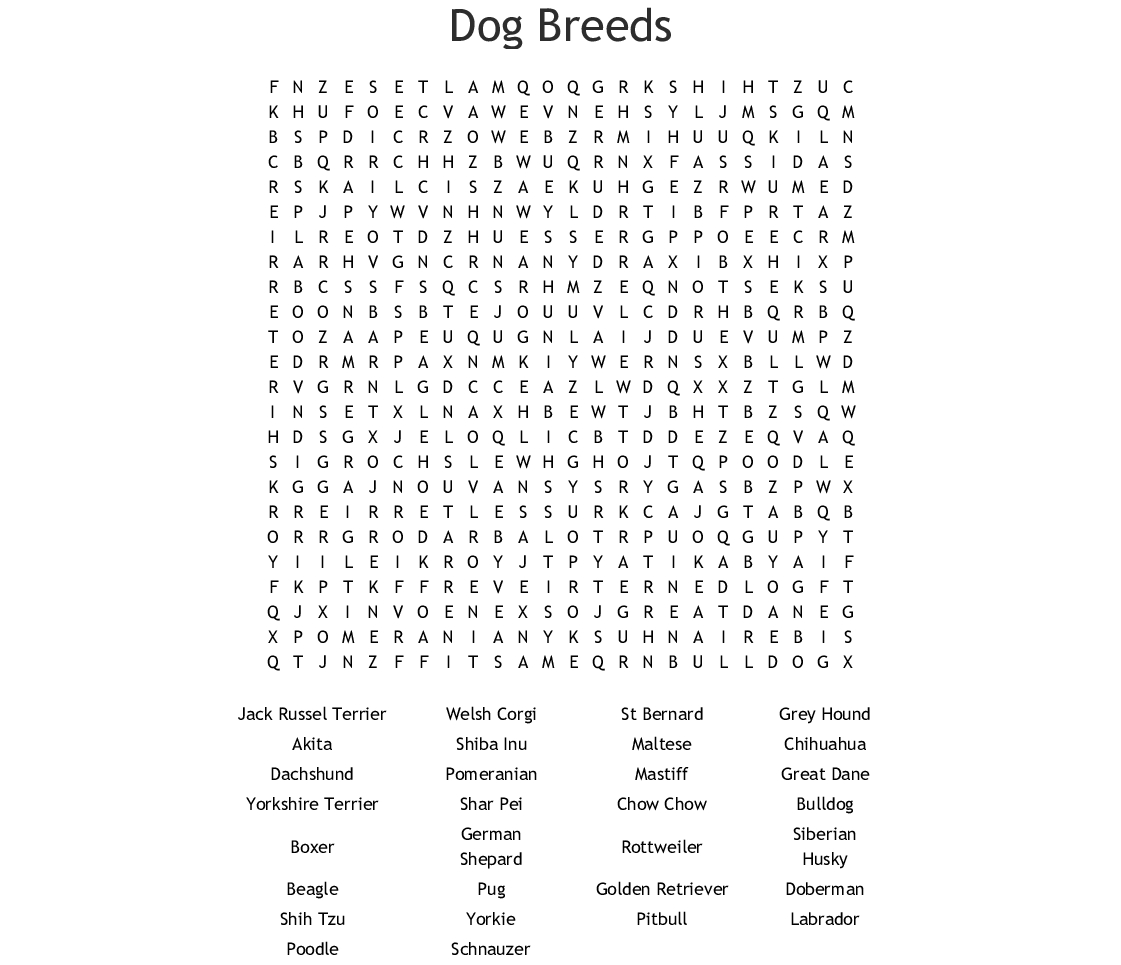 Dog Breed Word Search - Wordmint