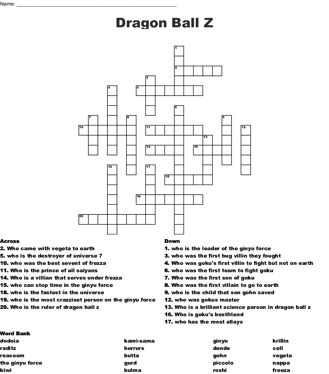 Dragon Ball Z Crossword - Wordmint