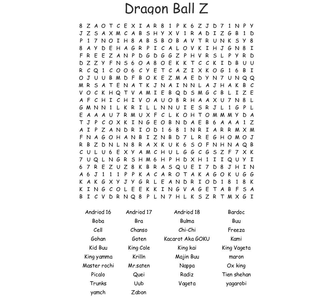 Dragon Ball Z Word Search - Wordmint