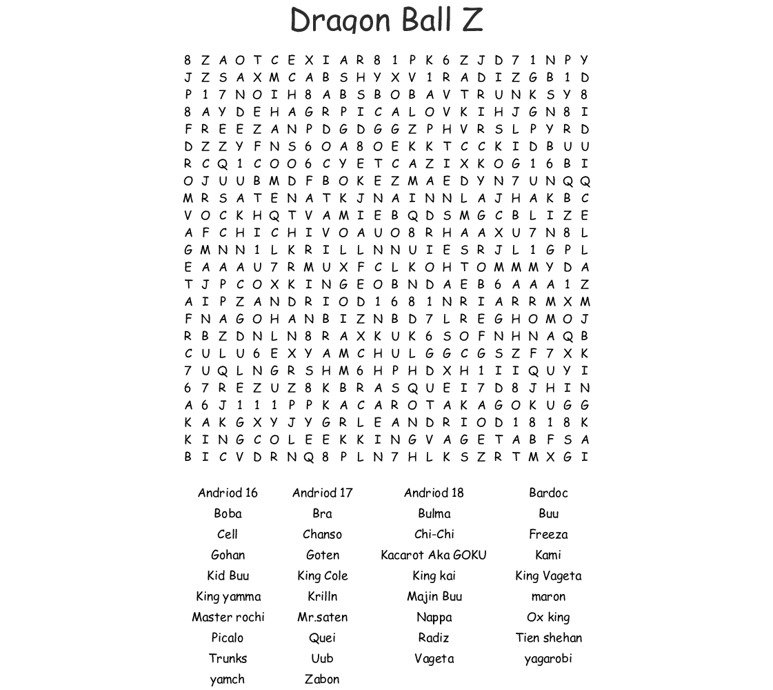 Dragon Ball Z Crossword Wordmint Word Search Printable