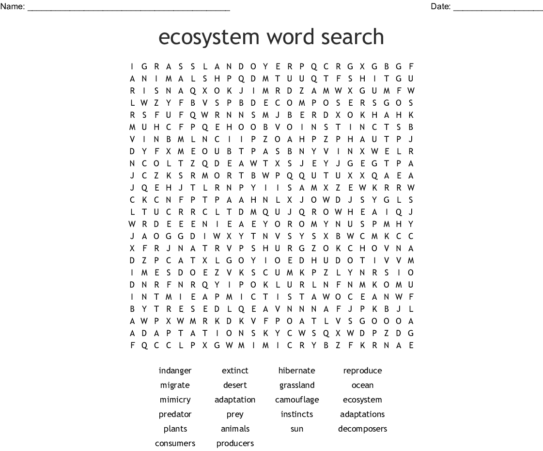 Ecosystem Word Search Answer Key