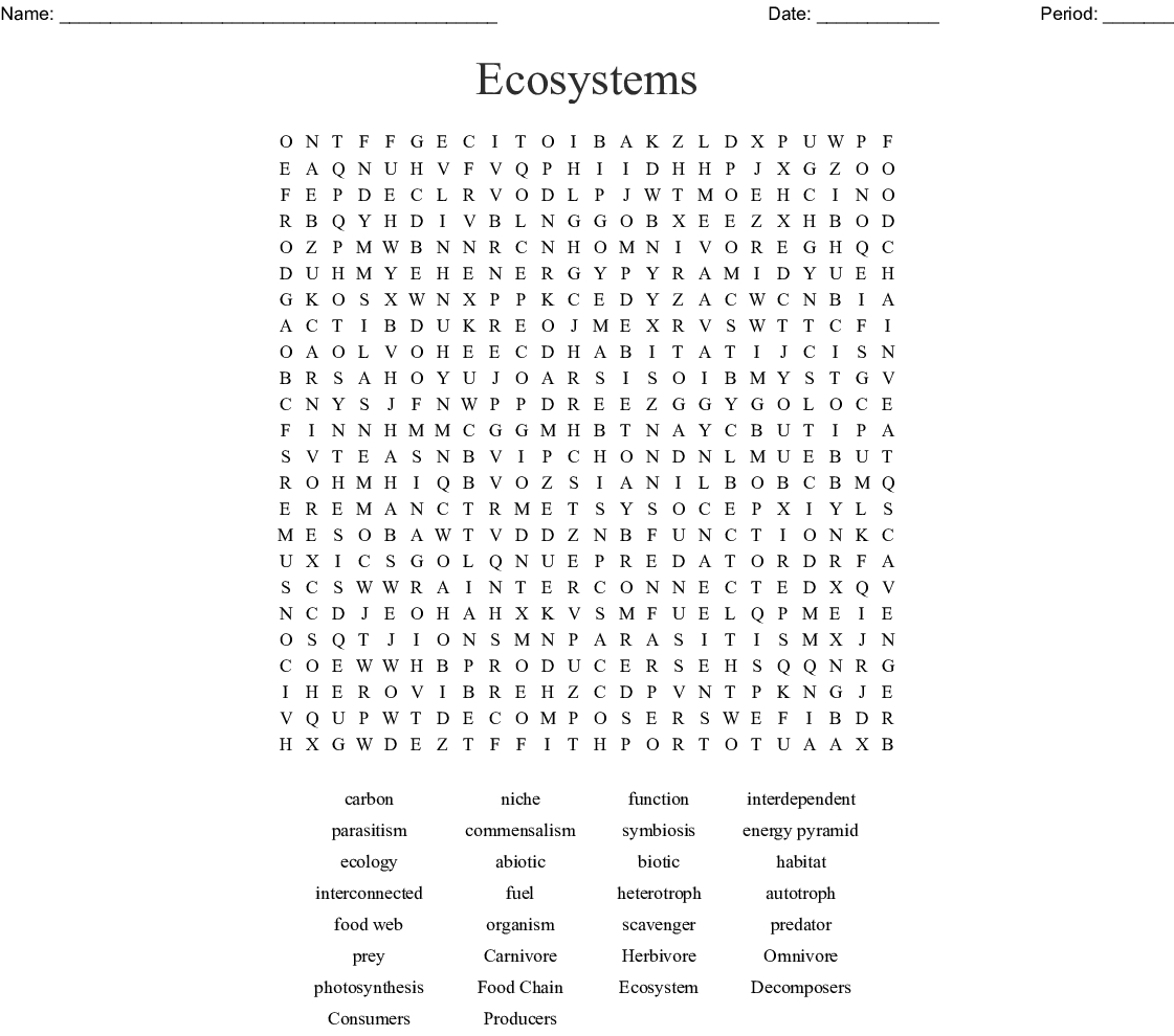 Ecosystems Word Search Answer Key