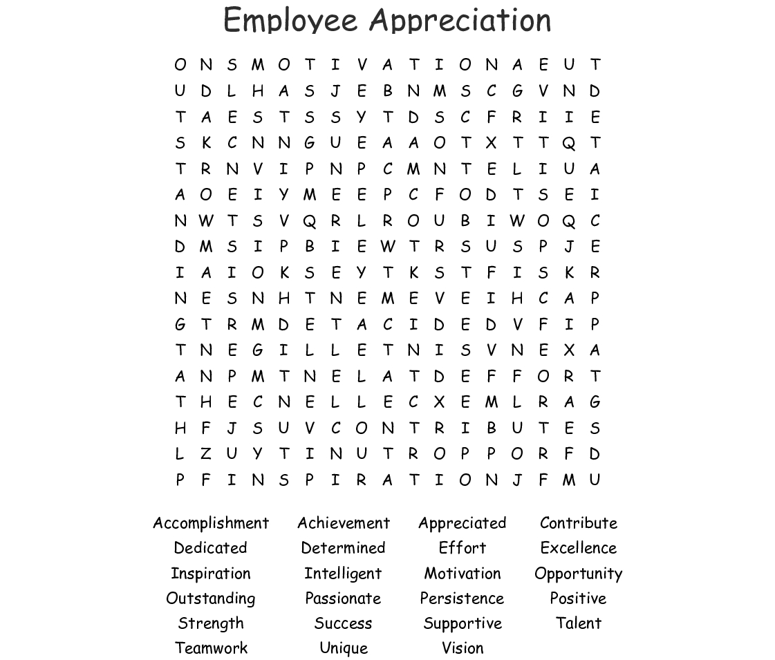 Employee Appreciation Word Search - Wordmint