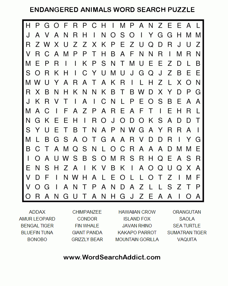 Endangered Animals Word Search Puzzle | Word Search Games