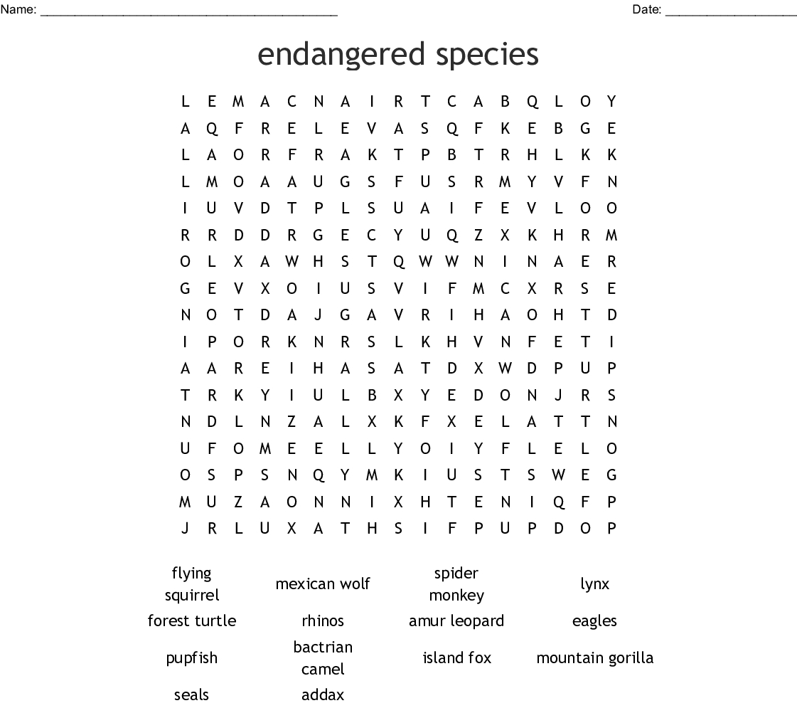 endangered and extinct animals worksheet printable word search