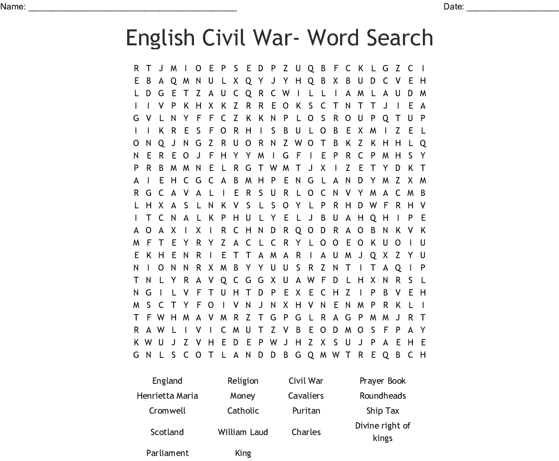 English Civil War- Word Search - Wordmint